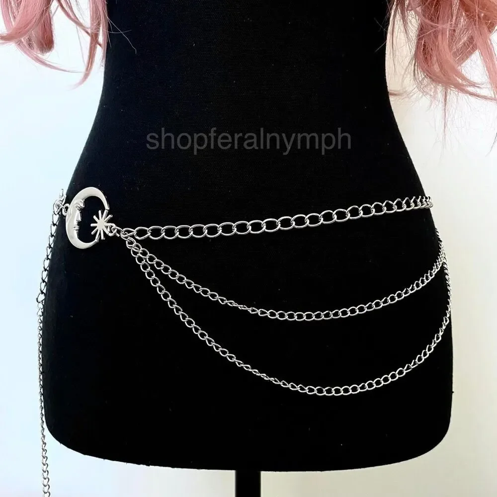 Silver Y2K Celestial Moon Sun Layered Chain Belt, Fits 16-40 Inches, X7GA1274